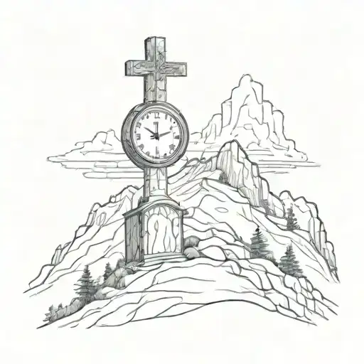 a cross on top of a mountain: inside the put the word psalms 31:2 in bold. Inside the mountain there is: a old clock tattoo design idea
