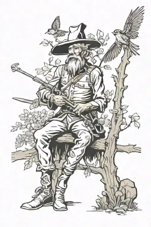 elderly Don Quixote resting against a tree while gravely wounded. a humming bird flies around his head as he slowly dies tattoo design idea