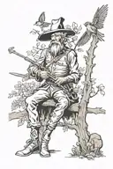 elderly Don Quixote resting against a tree while gravely wounded. a humming bird flies around his head as he slowly dies tattoo design idea