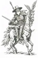 elderly Don Quixote resting against a tree while gravely wounded. a humming bird flies around his head as he slowly dies tattoo design idea