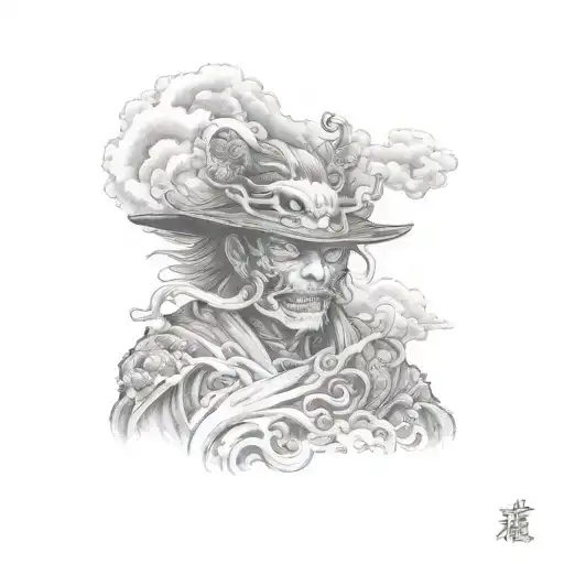 A traditional Japanese Shinigami figure surrounded by swirling dark clouds tattoo design idea