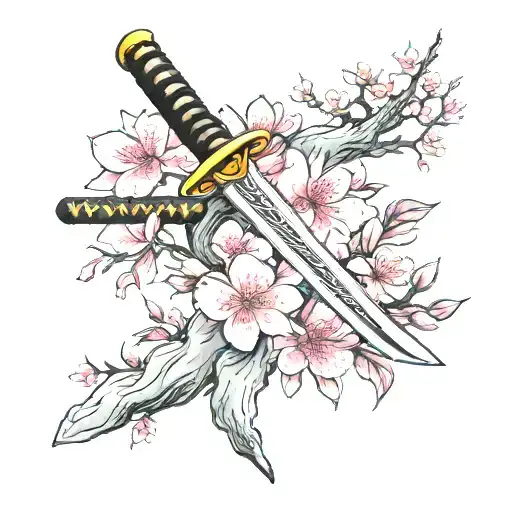 katana sword in front of a cherry blossom tree tattoo design idea