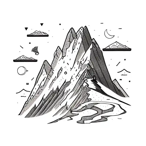 a tattoo describing climbs of mountain with adventurous background a with man with backpack walking through  tattoo design idea