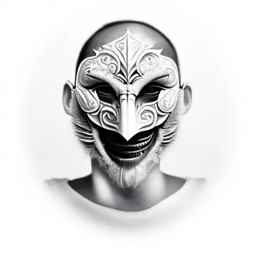 a man pulling of his Multiple mask to show the reality that to survive here we need to adapt with the margins tattoo design idea