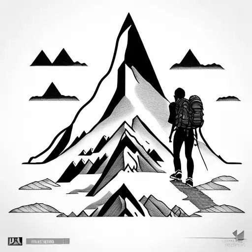 a tattoo describing climbs of mountain with adventurous background a with man with backpack walking through  tattoo design idea