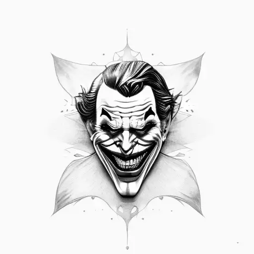 Joker face with a sinister grin the words "ha ha ha ha" written around it represents the chaos with black eagle eye tattoo design idea