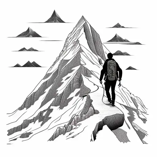 a tattoo describing climbs of mountain with adventurous background a with man with backpack walking through  tattoo design idea