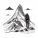a tattoo describing climbs of mountain with adventurous background a with man with backpack walking through  tattoo design idea