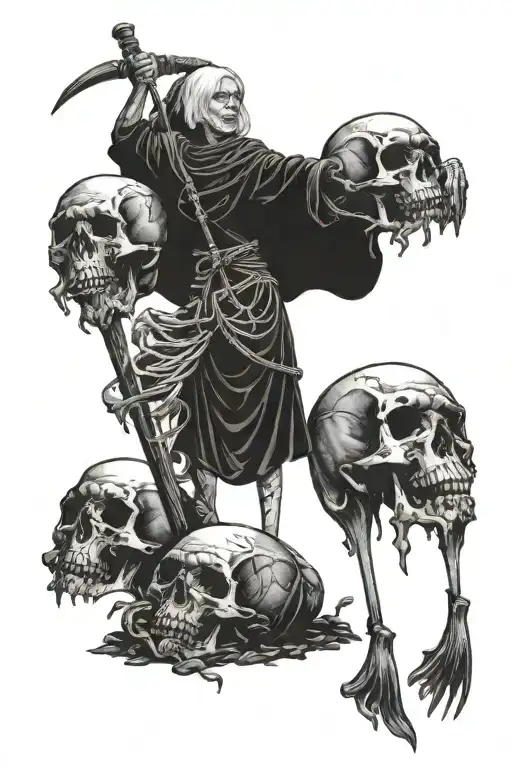an old woman with a scythe stands on a pile of skulls tattoo design idea