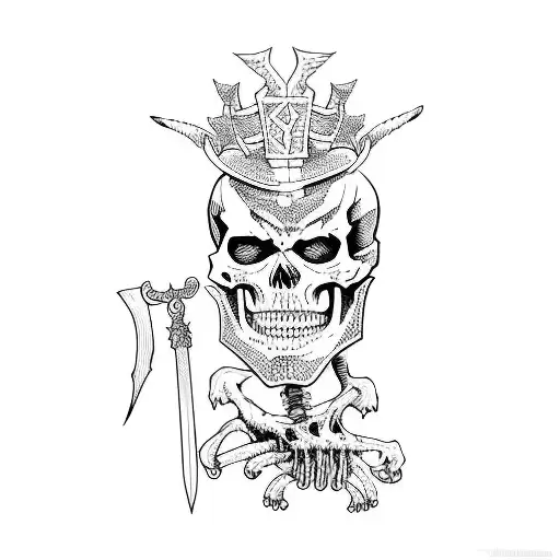 a demonic skeleton holding a sword and doing battle at a masquerade ball tattoo design idea