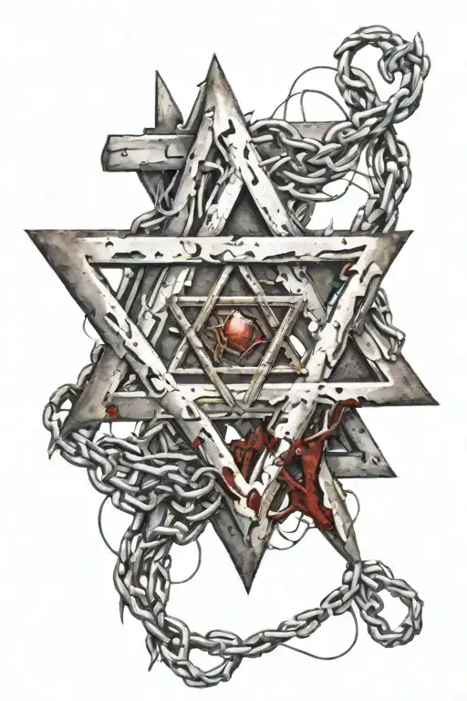 religious star of david, bloody background, barbed wire. tattoo design idea