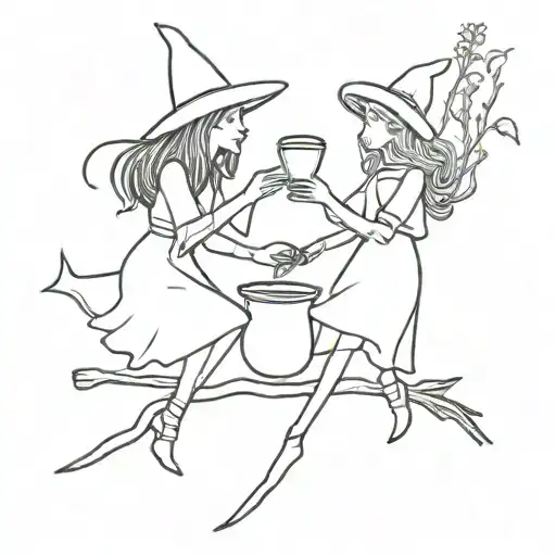 Design a black and white drawing in relief of two young witches drinking mate and talking on top of a broom tattoo design idea