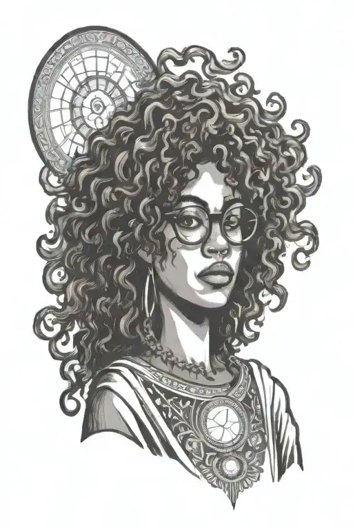Tarot card of a chunky brown woman with glasses and curly hair with beams of light shining from her entire body tattoo design idea
