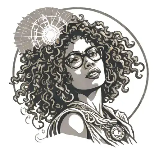Tarot card of a brown woman with glasses and curly hair with beams of light shining from her tattoo design idea