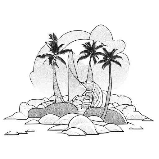 Isle with 2 Palms bending on the left, Sunset on the right tattoo design idea