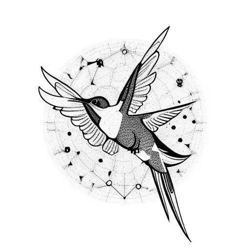 An astrology chart with constellations shaped like hummingbirds tattoo design idea