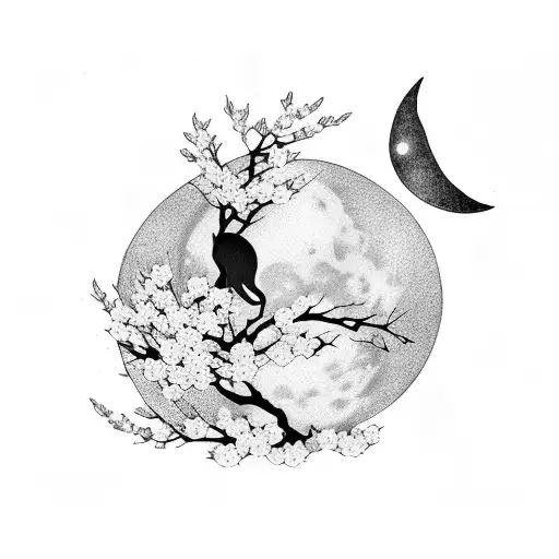 A silhouette of a cat sitting on a branch of a Sakura tree, with the moon and stars in the background tattoo design idea