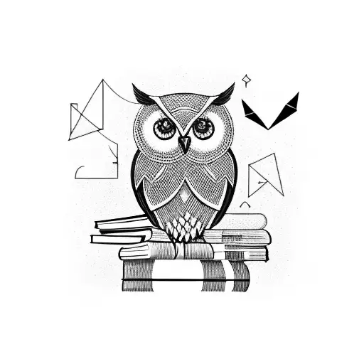 An owl perched on a stack of books with a geometric background tattoo design idea