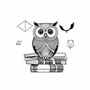 An owl perched on a stack of books with a geometric background tattoo design idea