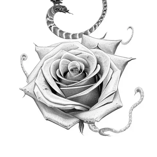 A majestic black and grey rose intertwined with a serpent, with a skull nestled within the petals. tattoo design idea