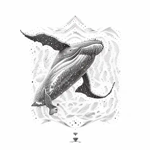 A blackwork tattoo of a majestic humpback whale swimming through a sea of constellations tattoo design idea