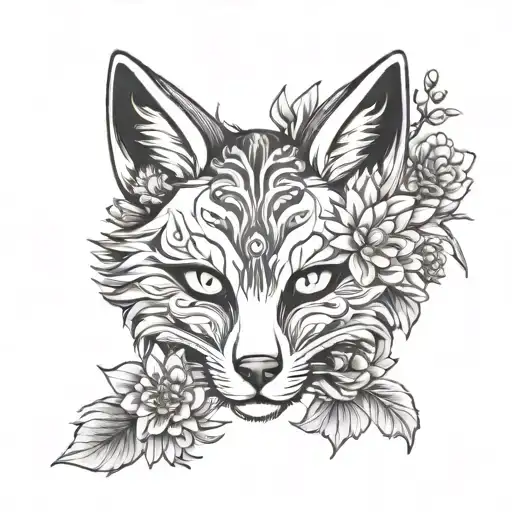 Kitsune fox mask holding chrysanthemum flower tattoo design idea