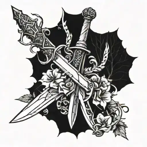 a shattered dagger held together by thorny vines tattoo design idea