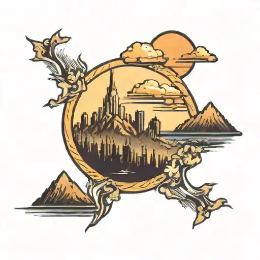 backgrounds with the NY skyline and sunset, mountains and lakes reminiscent of the Rockies in western Canada tattoo design idea