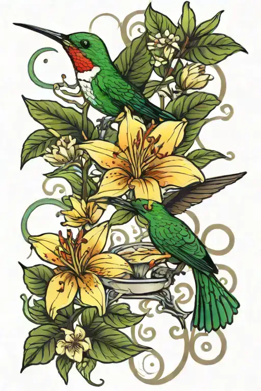 a doctor humming bird drinking from stargazing Lilly with a green tree snake I. the background.  tattoo design idea