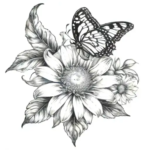 black and grey realism tattoo with a honeysuckle and daisy and a manly base.  tattoo design idea