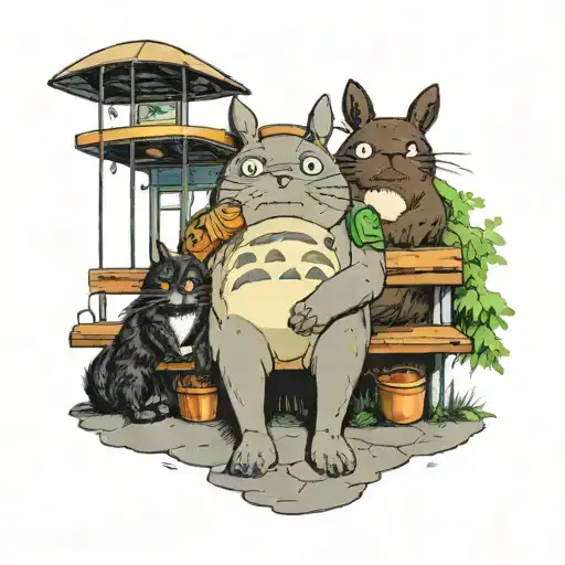Totoro sitting at a bus stop with two Newfoundland dogs  tattoo design idea