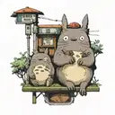 Totoro sitting at a bus stop with two Newfoundland dogs  tattoo design idea