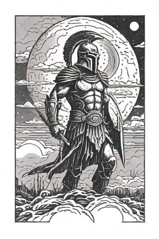spartan soldier in rainy night sky with moon tattoo design idea