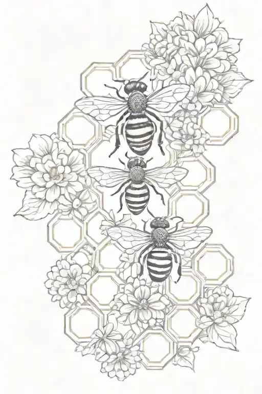 Honeycomb design background with a honeycomb in the foreground., some dainty flowers and a detailed bee tattoo design idea