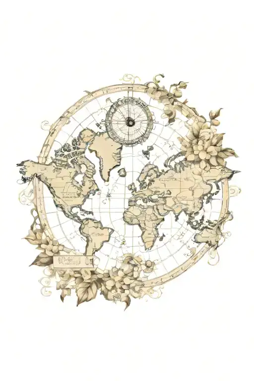 vintage world map with a compass and flowers and vines tattoo design idea