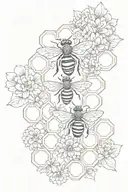 Honeycomb design background with a honeycomb in the foreground., some dainty flowers and a detailed bee tattoo design idea