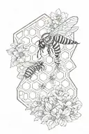 Honeycomb design background with a honeycomb in the foreground., some dainty flowers and a detailed bee tattoo design idea