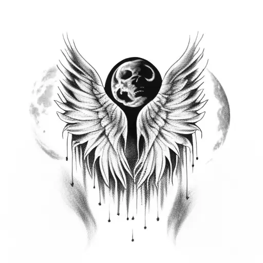 angel wing with demon wing, blood red moon, time, eyes tattoo design idea