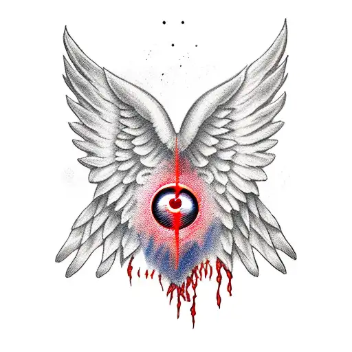 angel wing with demon wing, blood red moon, time, eyes tattoo design idea