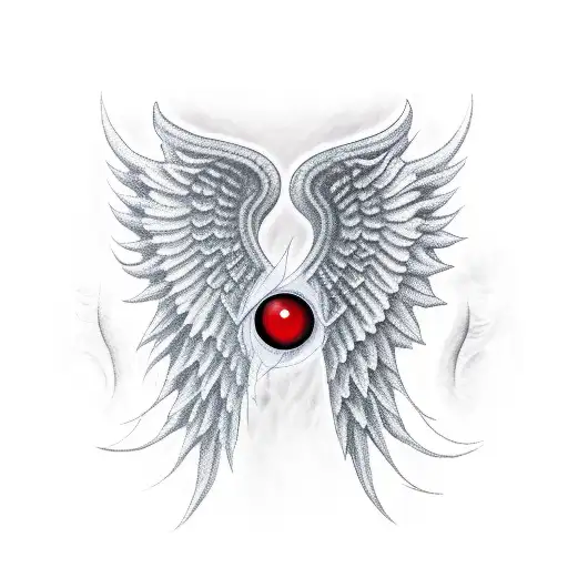 angel wing with demon wing, blood red moon, time, eyes tattoo design idea