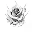 12 roses with 12 sets of pistils, 4 red, 4 green and 4 black, interlacing in three rows of barbed wire tattoo design idea