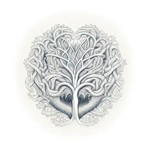 An intricate design of a heart intertwined with a tree, symbolizing the growth of a family tattoo design idea