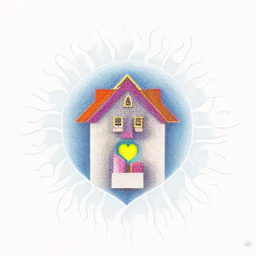 A heart-shaped house with a radiant sun shining above it tattoo design idea