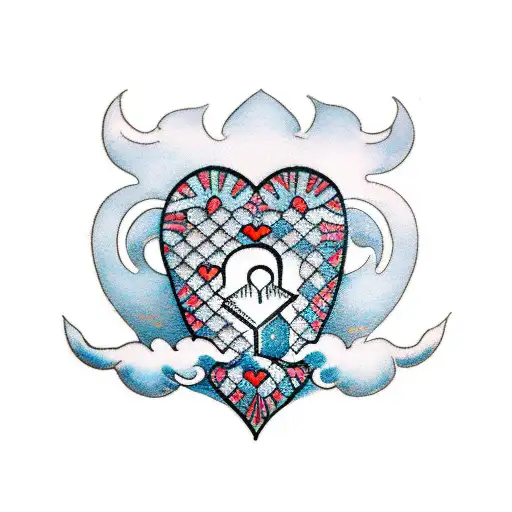 A traditional style tattoo of a heart-shaped key unlocking the door to the client's dream house tattoo design idea