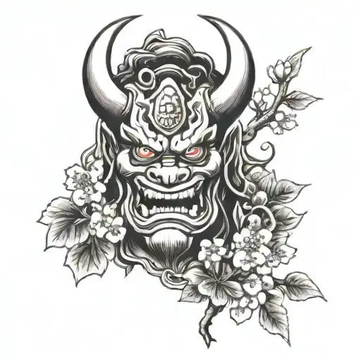 Combine the oni mask with traditional Japanese cherry blossoms tattoo design idea