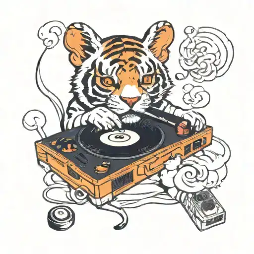 A chill vibe scene with a snowtiger DJ spinning vinyl records and smoking a joint tattoo design idea