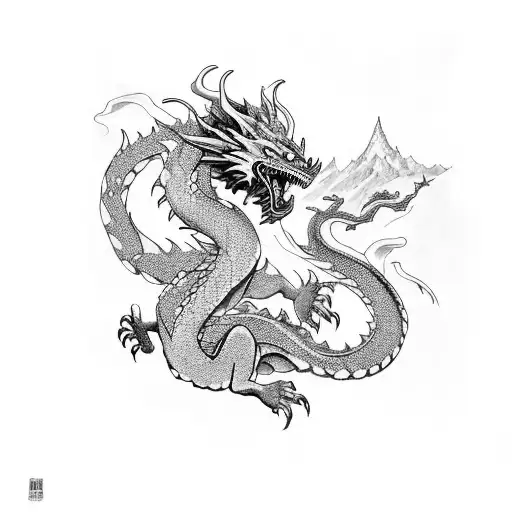 ola de kanagawa con bosque de cerezos y sobra de un dragon japones tattoo design idea