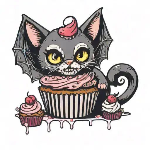 bat cat sitting on a cupcake with sprinkles and a cherry skull on top, Gothic, scary tattoo design idea