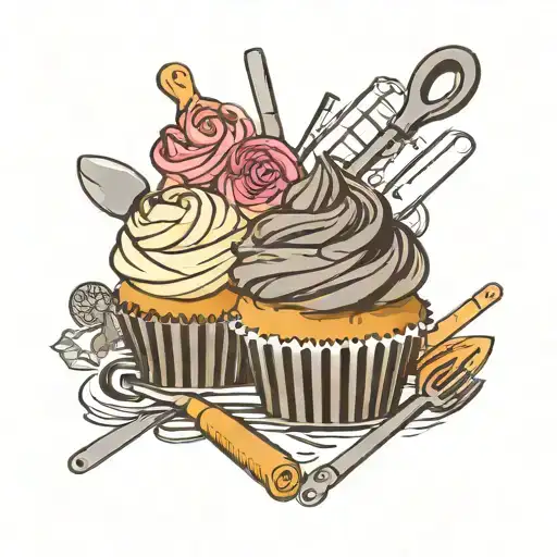 cupcake, rolling pin, fork, whisk, rubber spatula, piping bag, mixing bowl, mixer tattoo design idea