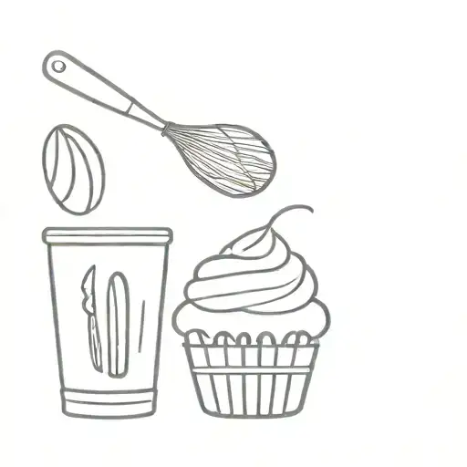 cupcake, rolling pin, fork, whisk, rubber spatula, piping bag, mixing bowl, mixer tattoo design idea